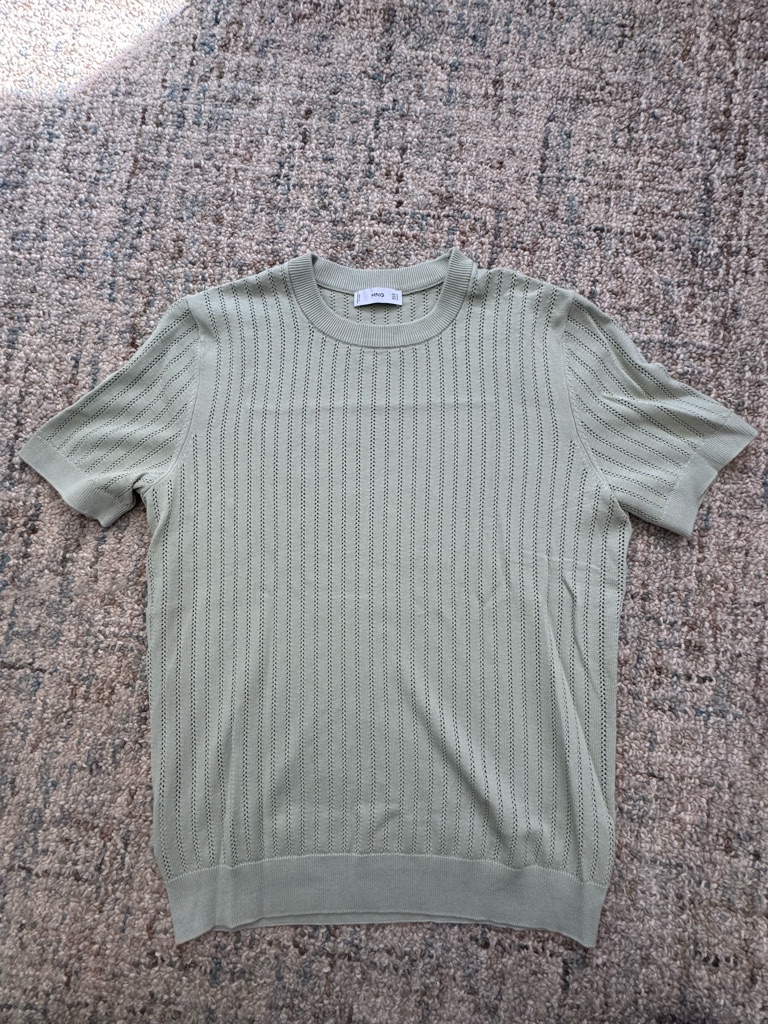 Mango Sage Green Shortsleeve Eyelet Knit Crewneck
